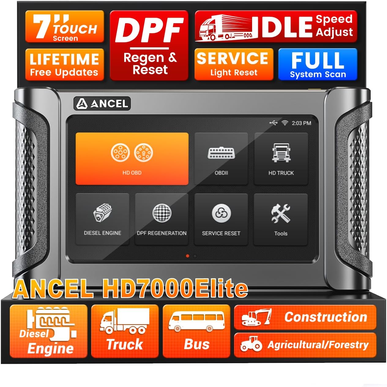 ANCEL HD7000 Elite 7" Heavy Duty Truck Scanner with DPF Regen, Speed/Idle Adjustment, Service Reset, Diagnostic Tool for Cummins Detroit CAT Volvo Paccar Mack International, Lifetime Free Updates