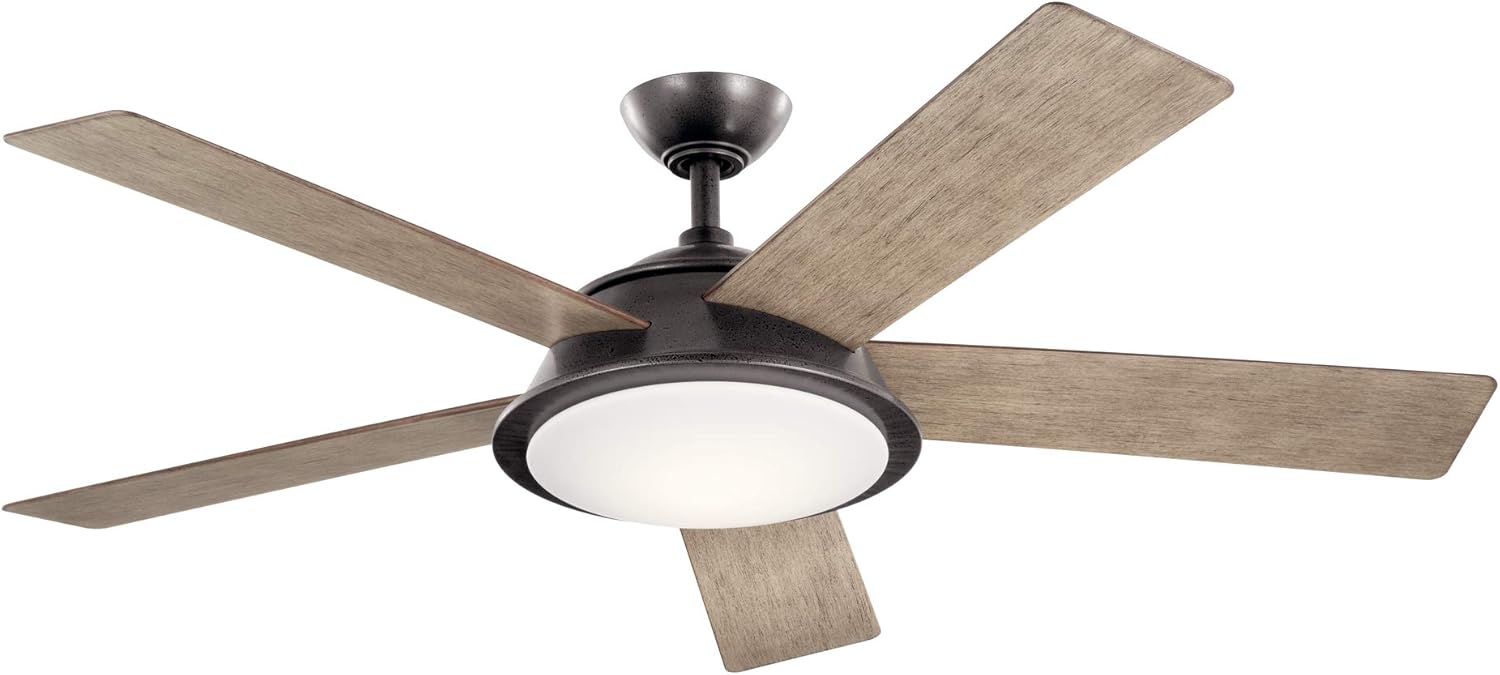 Kichler 56 inch Verdi LED Ceiling Fan in Etched Cased Opal Glass in Anvil Iron with Reversible Distressed Antique Gray and Walnut Blades