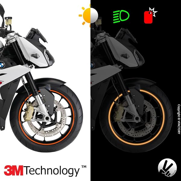 VFLUO - Kit pegatinas llantas de moto reflectantes, autoadhesivas para 1 rueda, 3M Technology™ - Gran visibilidad lateral - Discreto y diseño - Fácil colocación - 2