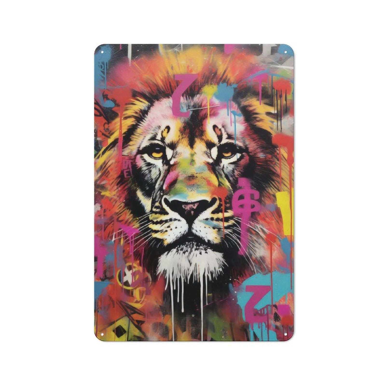 Junmoney Lion Graffiti Wall Artwork Decorative Metal Plaque With Design 30X20cm, Casual Utility Space Decor For Patio Bar, Workshop, Shed Or Kitchen