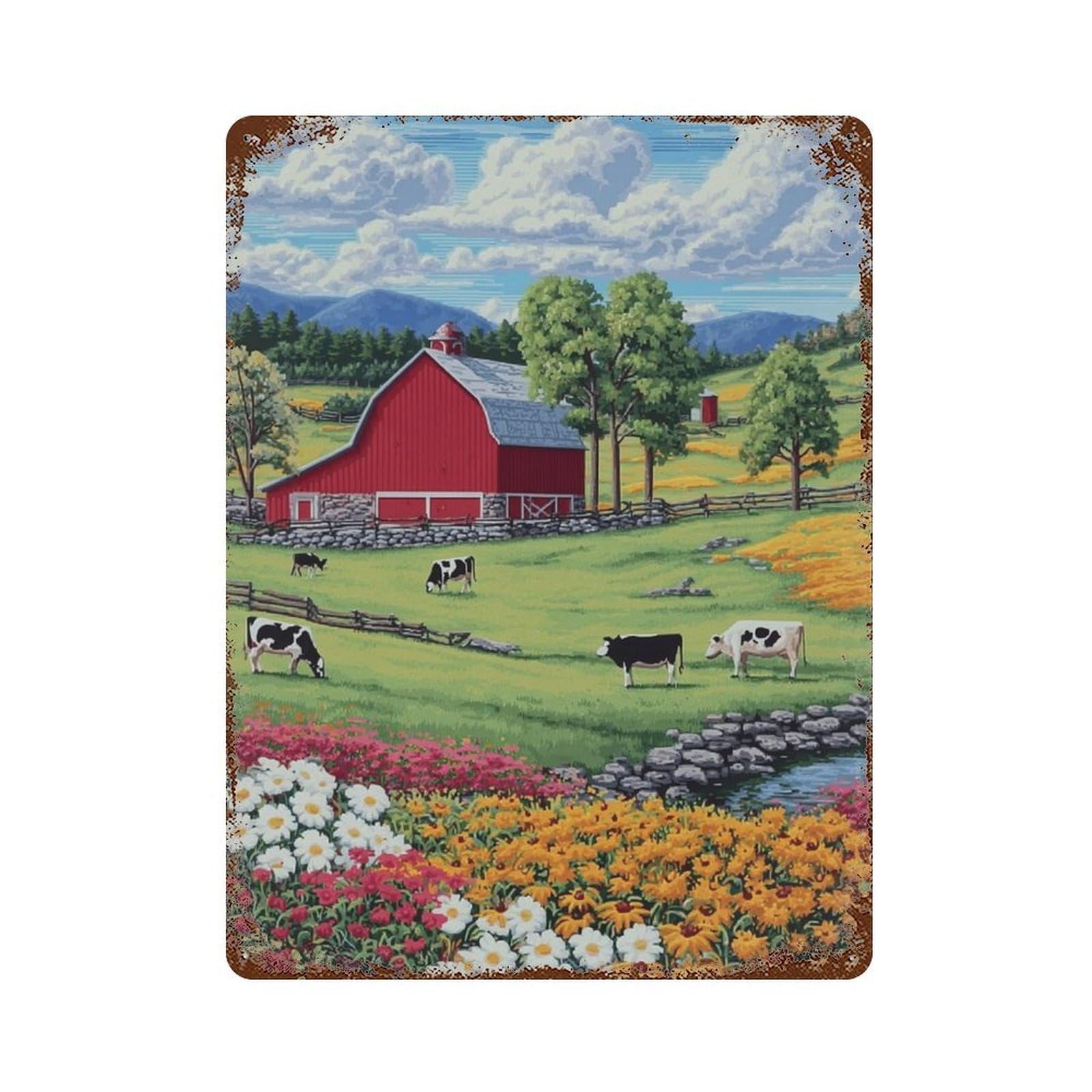 Garage Style Farm Scene with Red Barn Rusty Metal Tin Sign 15.7"x11.8", Classic Wall Plaque for Bar And Workshop