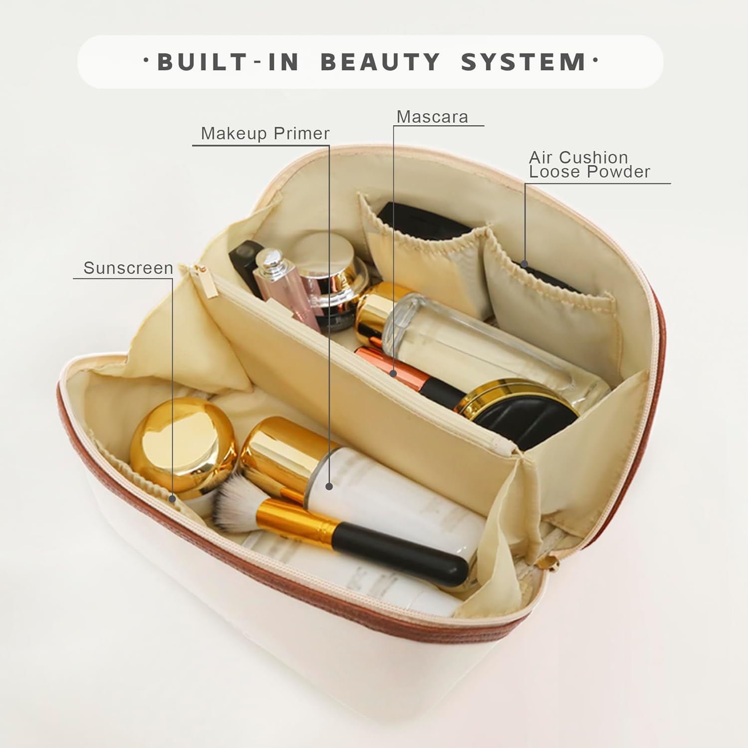 Travel Makeup Bag – Large Cosmetic Organizer with Waterproof Nylon, Smooth Double Zipper & Tear-Resistant Lining, Toiletry Pouch for Women (Beige) - Image 5