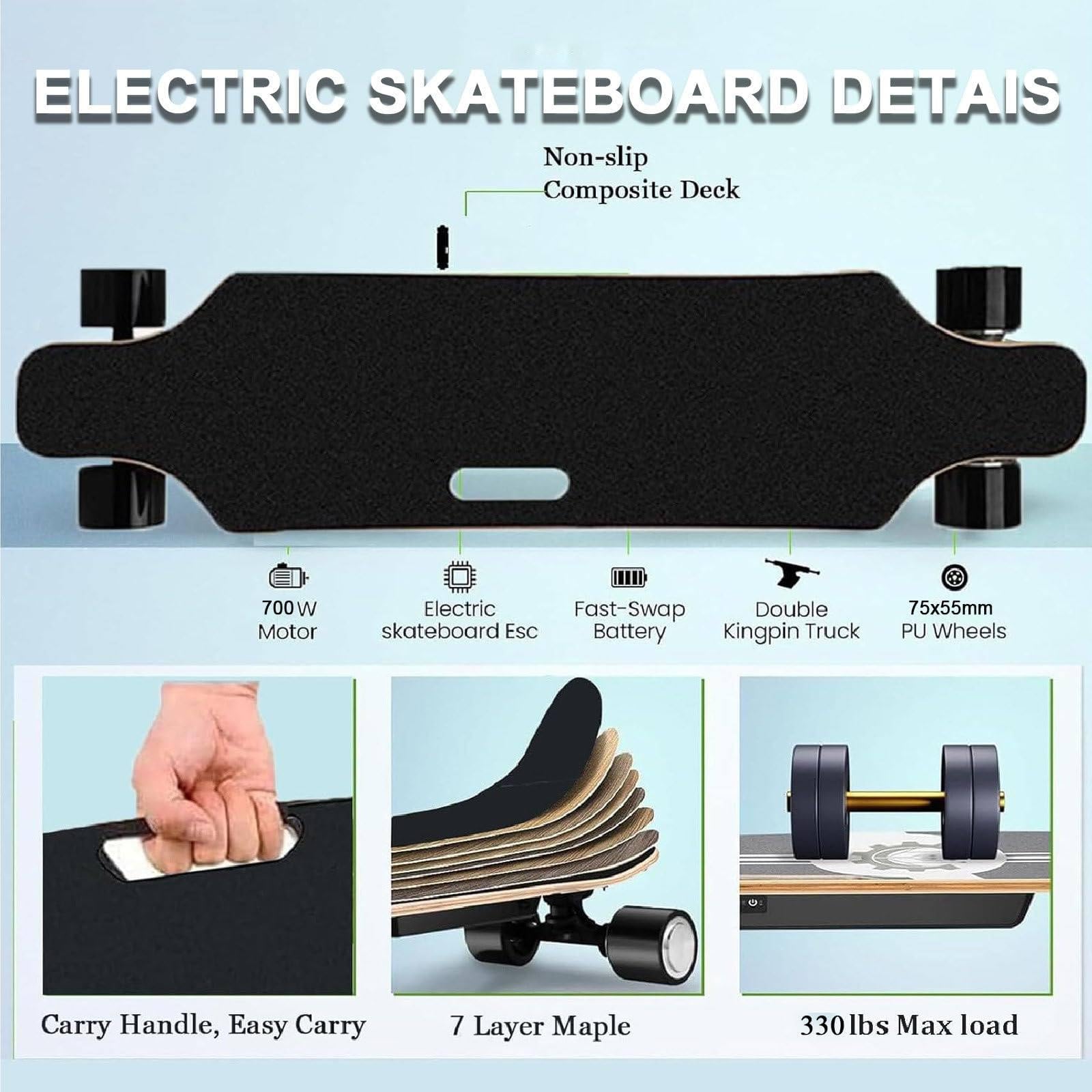 Planche Électrique Tout-Terrain Adultes-Skateboard Électrique 700W, Double Moteur, Vitesse Maximale De 35 Km/H, Autonomie De 15/22 /30 Km, Charge De 150 Kg,Campus& Aventures Urbaines 22KM