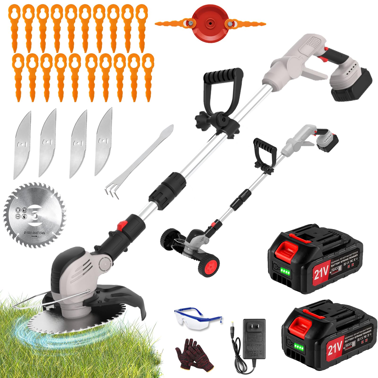 Electric Weed Wacker Eater Cordless String Trimmer Battery Powered, 21V/4000mAh Grass Trimmer Battery Operated Brush Cutter, 3 in 1 Lightweight Weed Trimmer/Lawn Edger/Trimmer Edger for Yard Garden