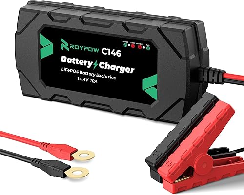 RoyPow Cargador de batería de 12 V LiFePO4 de 10 amperios, cargador de goteo automotriz con abrazadera de cocodrilo y terminal de anillo