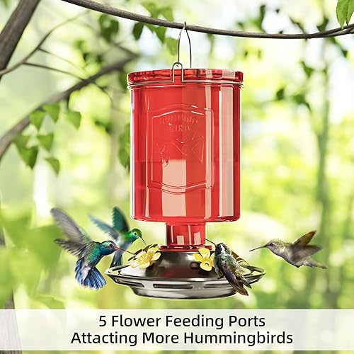 Miniatura 2 de Auslar Comedero para colibríes, comedero de colibrí de vidrio verde para colgar al aire libre, 5 puertos de alimentación de flores de imitación, 23