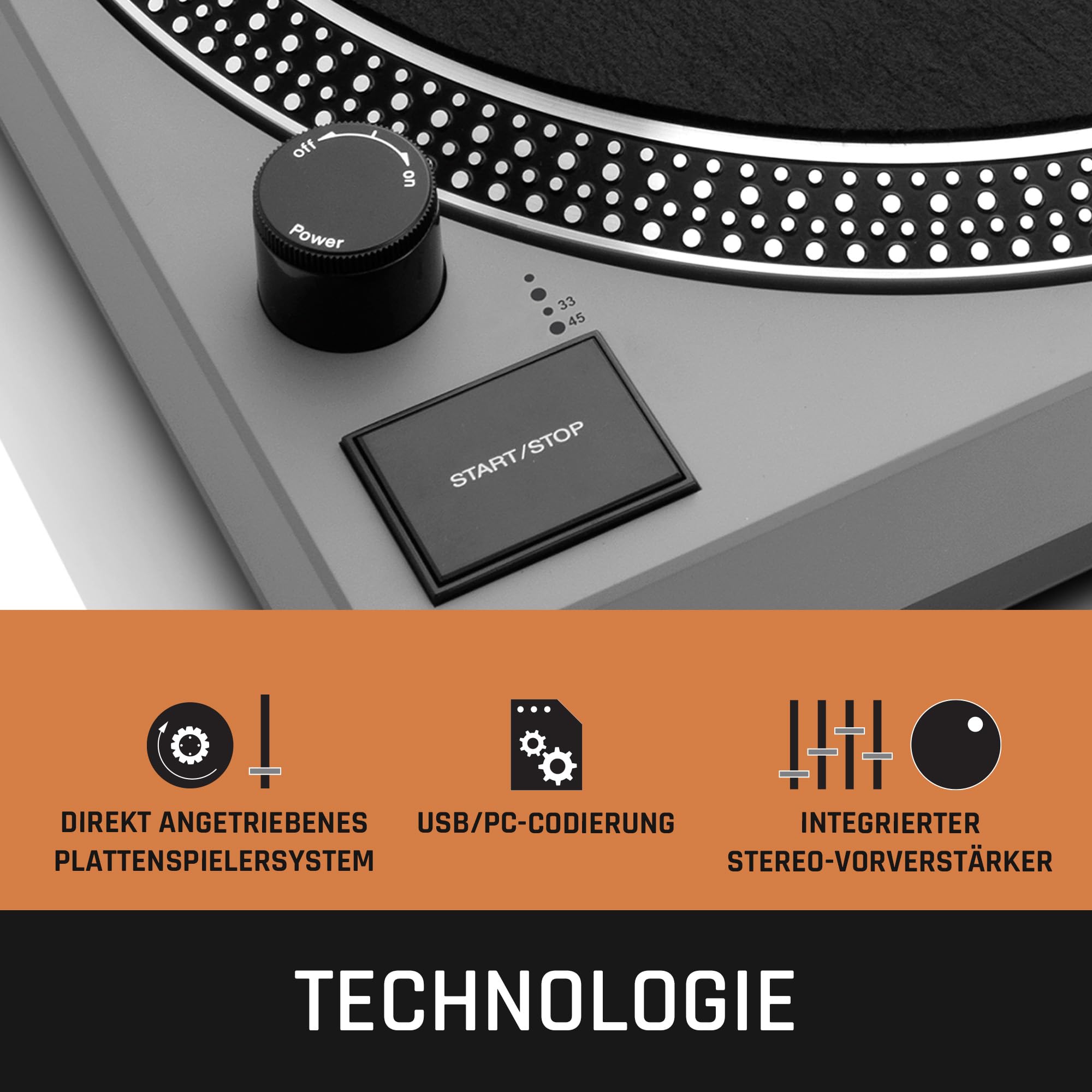 Lenco L-3810GY - Plattenspieler - Schallplattenspieler - Vinyl Player | L-3810 - 33/45 U/min - Pitch-Control - Magnet-Tonabnehmer-System - Nadelbeleuchtung - Pitch-Control