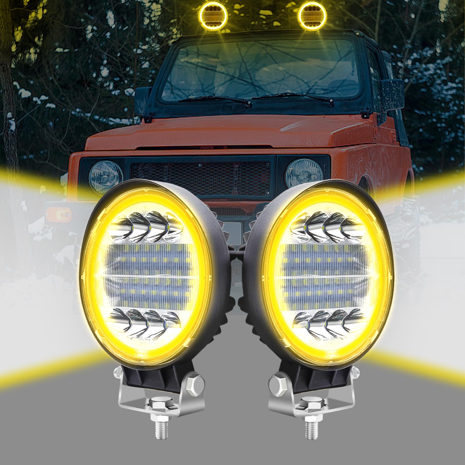 Biqing 2x 96W Faretti LED Off Road con anello Halo Amber Angel Eyes,4" Faro da Lavoro 12V 24V Fari Led Auto Barra LED Fuoristrada Luci Antinebbia Fari Supplementari per Off Road Moto 4WD SUV ATV UTV
