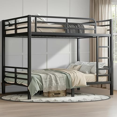 Litera Twin XL sobre Twin XL, marco de litera de metal, literas de servicio pesado, base de cama tipo loft con escalera y barandilla, listones de