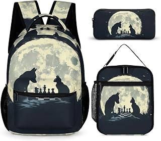 Player Chess Board Dog Cat Backpack with Lunch Box Makeup Bag Shoulder Bags Daypack for Travel Work Camp
