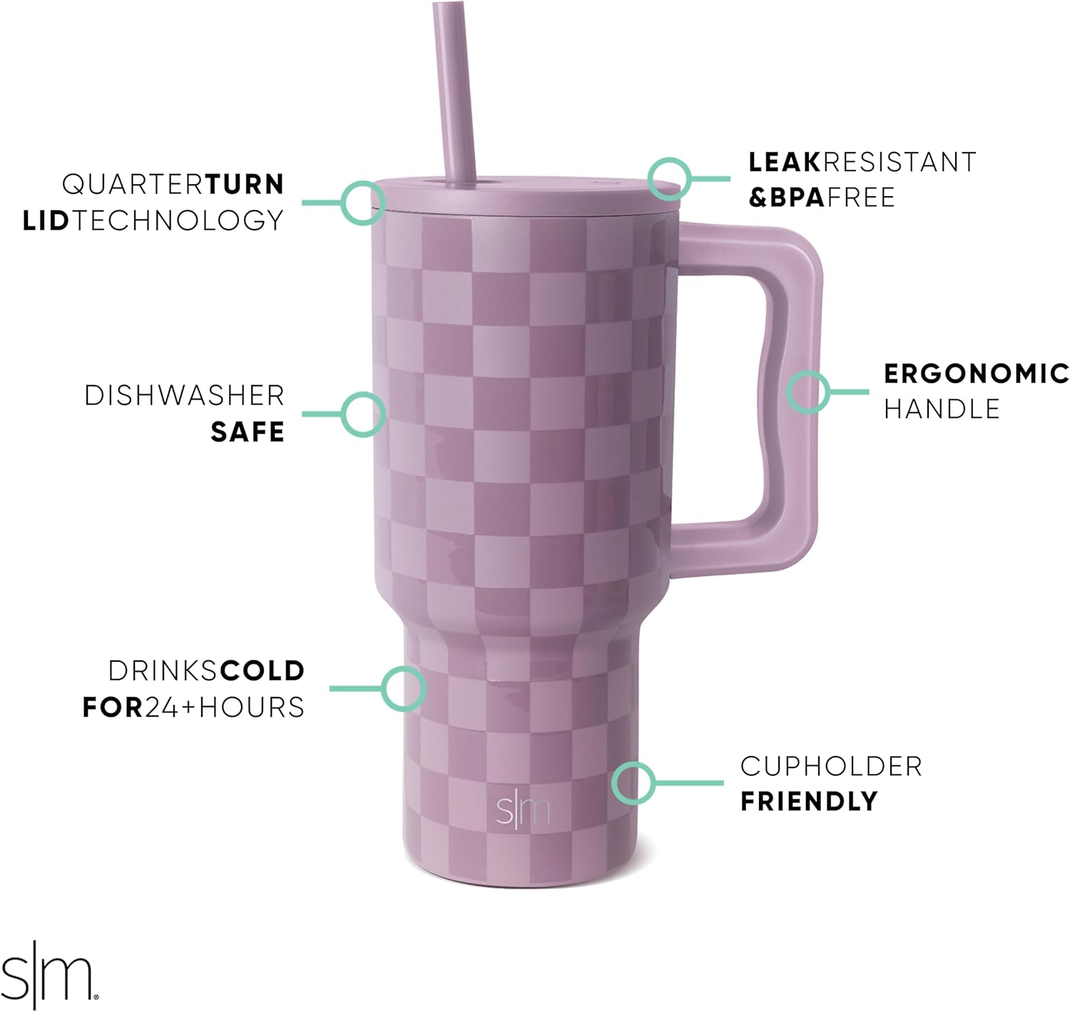 Simple Modern 30 oz Tumbler with Handle and Straw Lid | Insulated Cup Reusable Stainless Steel Water Bottle Travel Mug Cupholder Use | Gift for Women Men Him Her | Trek Collection | Lavender Checkmate - Image 2