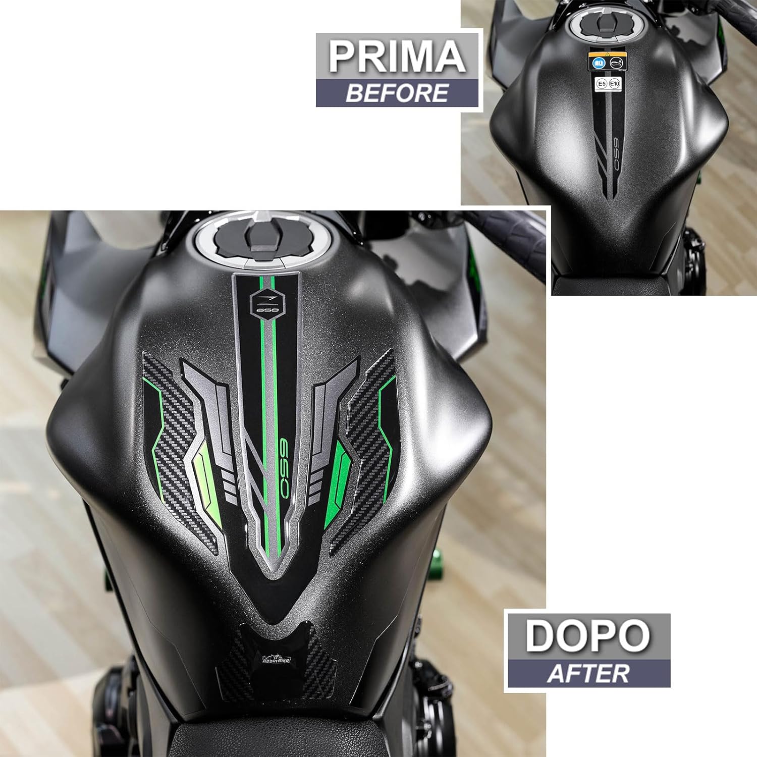 Resin Bike Motorcycle Stickers Compatible with Kawasaki Z650 2024-2025. Tank Protection from Bumps and Scratches, Resin Stickers with 3D Effect, Made in Italy