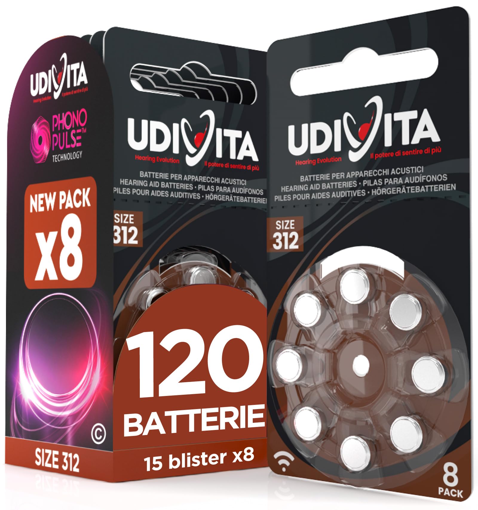 120 Pile Udivita per Apparecchi Acustici Misura 312 PR41 (Marroni - Zinco Aria) con Phono Pulse Technology - 15 Blister da 8 Batterie