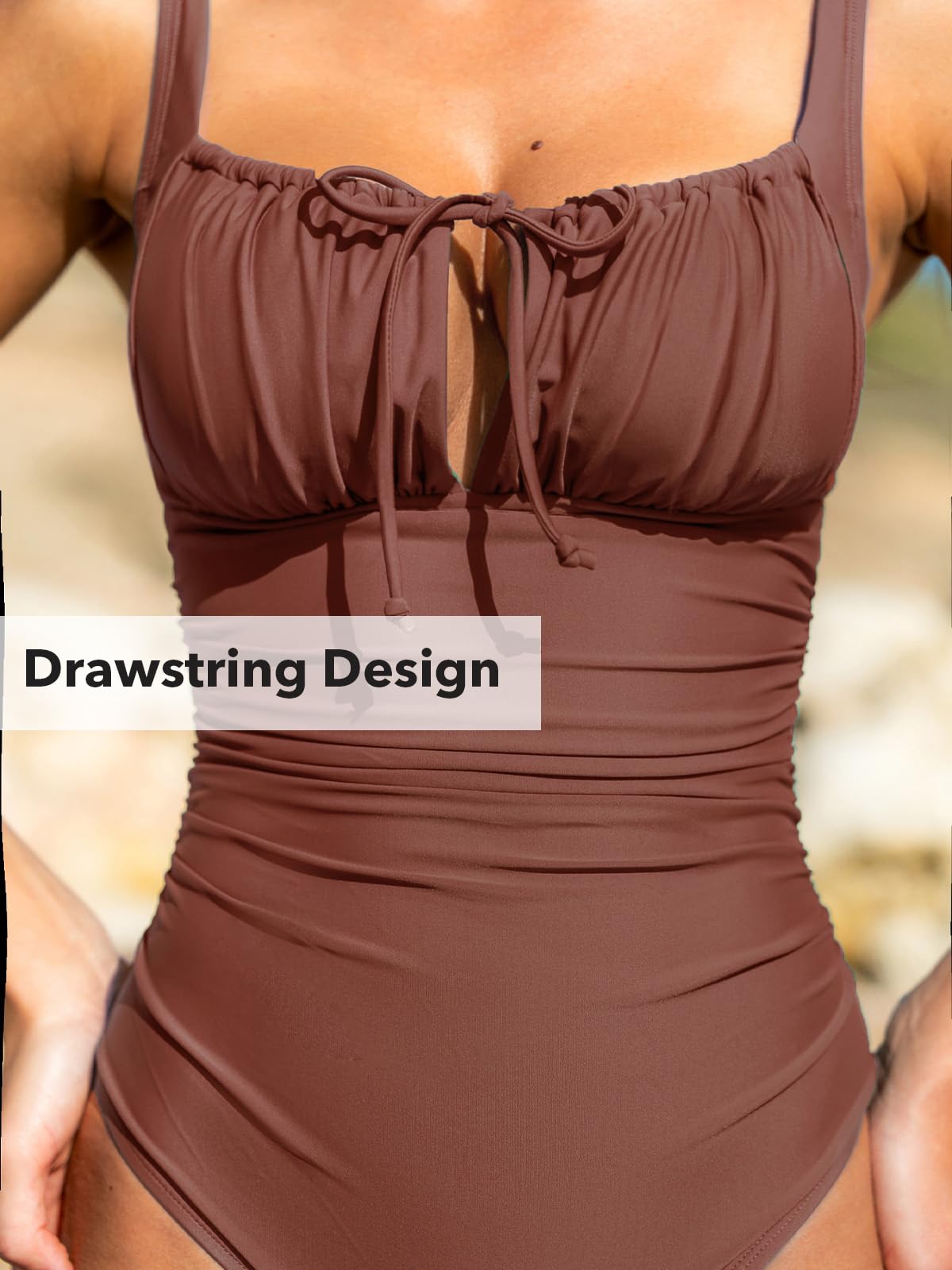 CUPSHE Maillot de bain une pièce pour femme - Col carré - Découpe dans le dos - Cordon de serrage - Crochet à nouer dans le dos