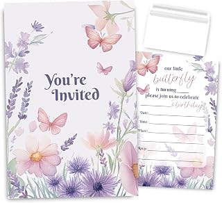Butterfly Birthday Party Invitations for Girl, Purple Floral with Butterflies Invites for Girls, 30 Sets with Envelopes