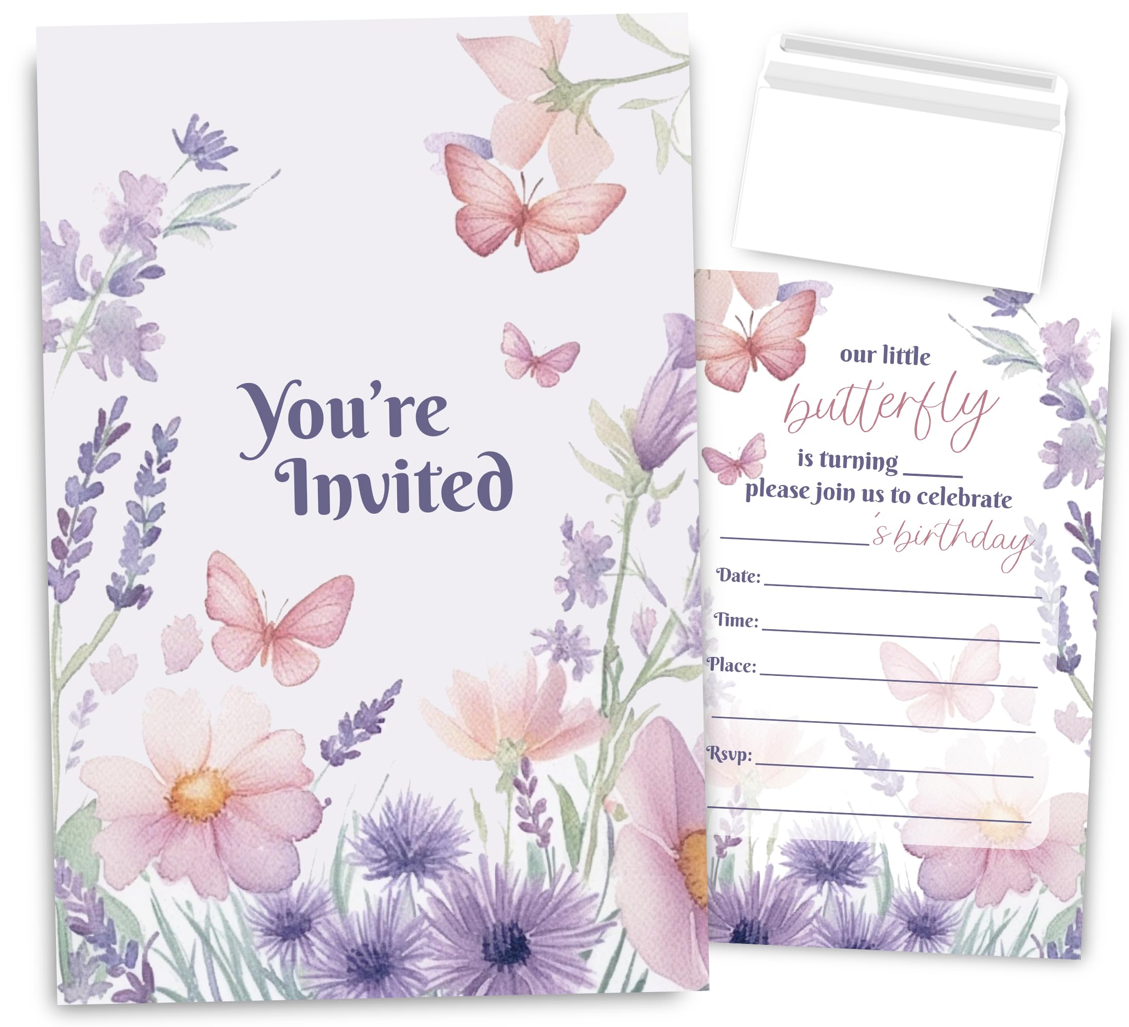 VAVINCI Butterfly Birthday Party Invitations for Girl, Purple Floral with Butterflies Invites for Girls, 30 Sets with Envelopes