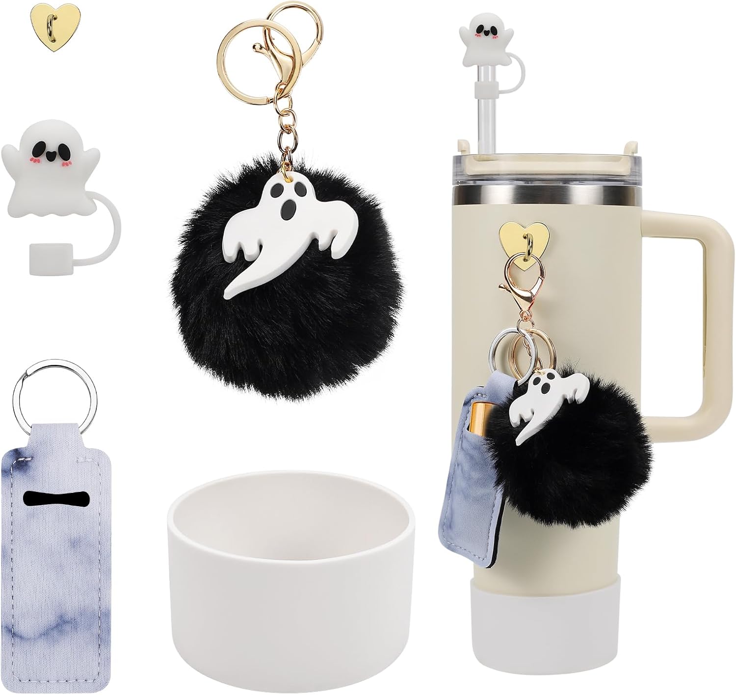 Stanley Halloween Accessories Set - Silicone Straw Cover, Cup Boot, Lipstick Holder, Charms for 40oz & 30oz Tumbler (Lilac Bat)