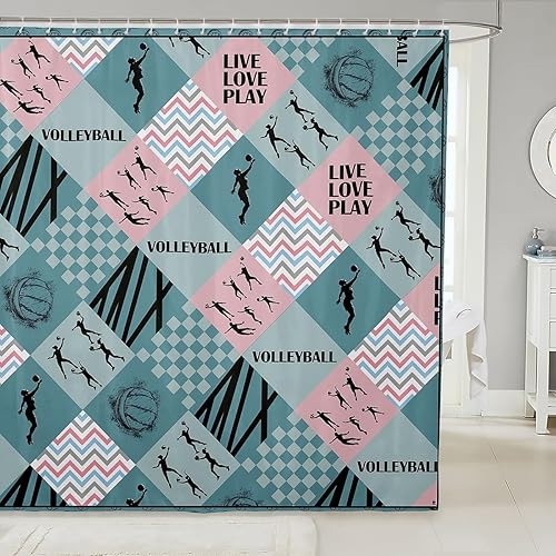 Manfei Cortinas de ducha de voleibol para niños, cortinas de baño impermeables con 12 ganchos, trajes para bañera, cortinas de baño con estampado de