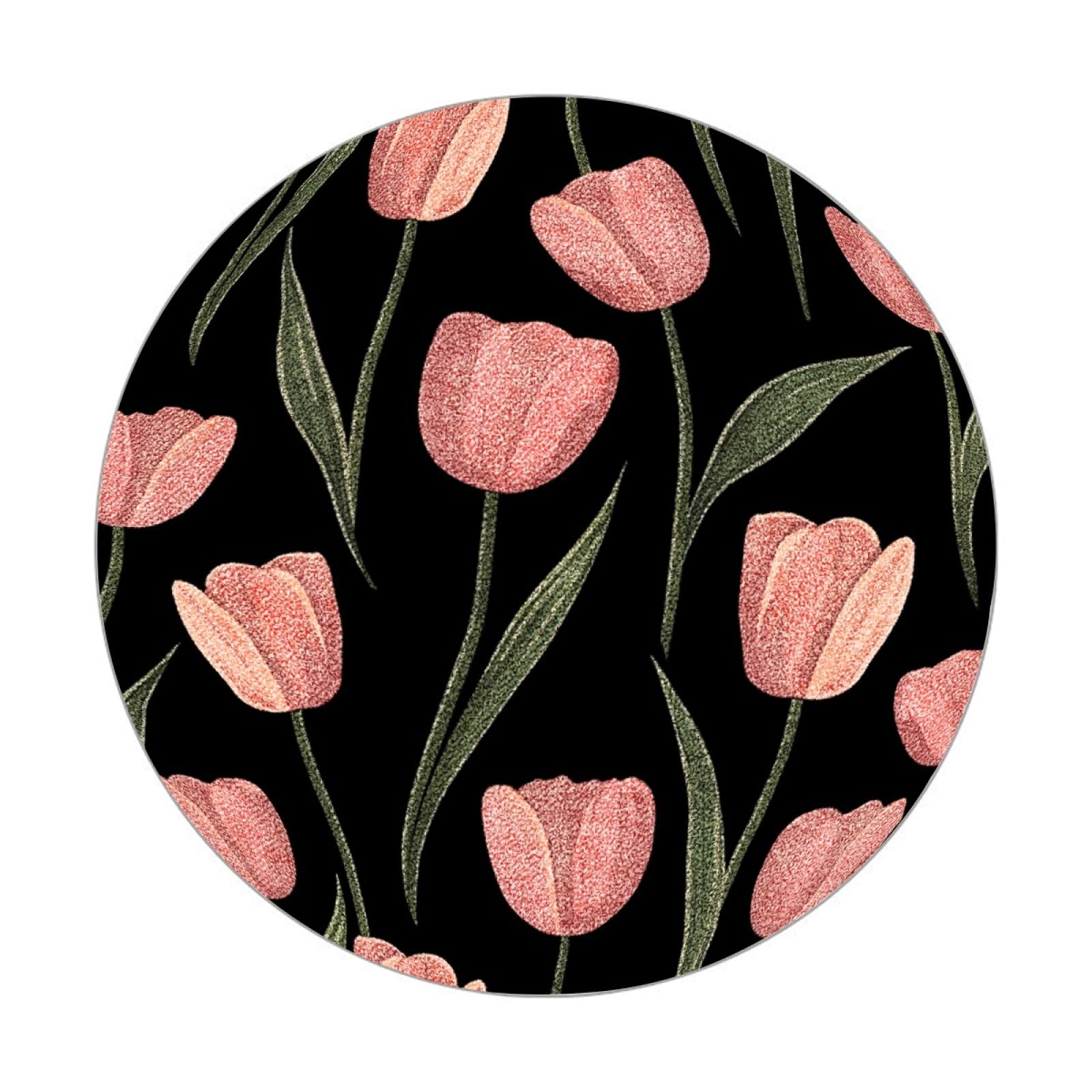 Tapis rond 90 cm rose et noir antidérapant et lavable pour chambre enfant