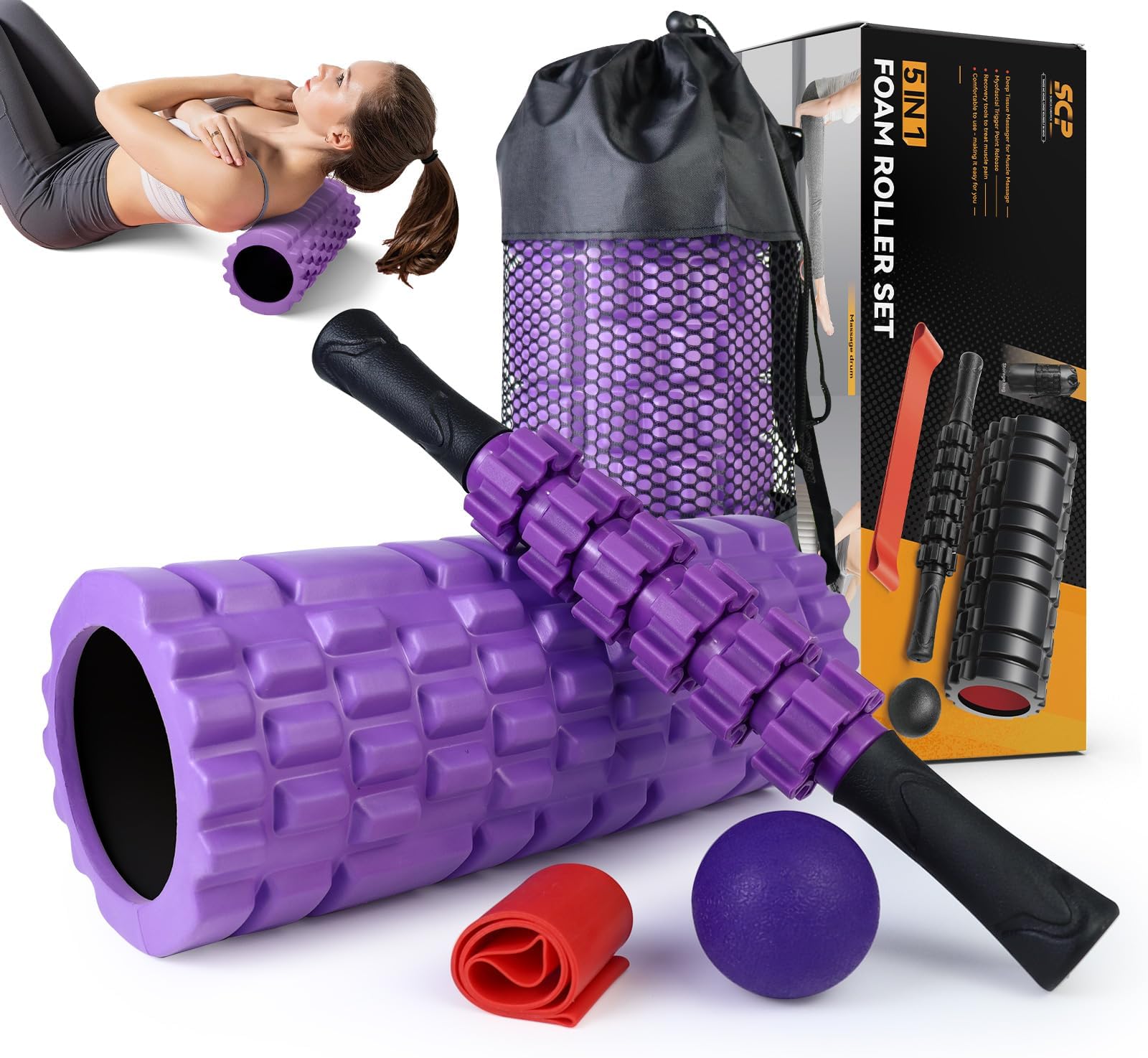 5 in 1 Foam Roller Set for Deep Tissue Muscle Massage, High Density Trigger Point Fitness Patented Exercise Foam Roller, Massage Roller, Massage Ball, Resistance Band, for Whole Body(Purple)