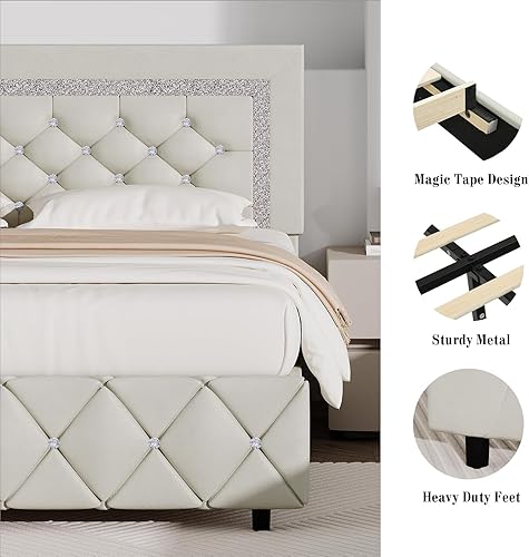Miniatura 20 de BarnFurin - Base de cama matrimonial con cabecera capitoné, plataforma tapizada con diseño de diamante, base de colchón, soporte de listones de