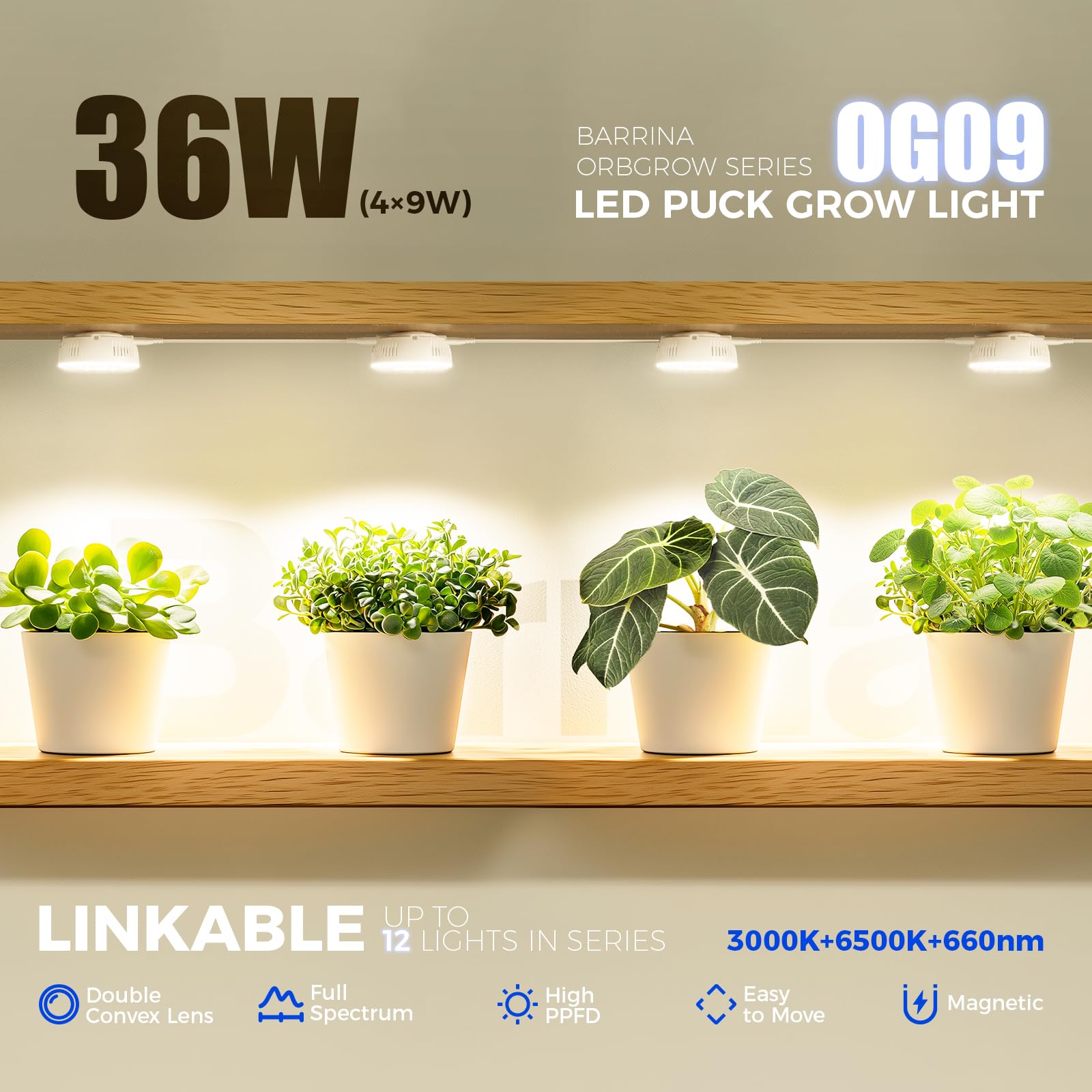 Barrina Orbgrow OG09 - Luz de cultivo con temporizador, LED rojos de 660 nm de 36 W (4 x 9 W, equivalente a 540 W), luz de espectro completo para plantas de interior, magnética y enlazable, 5 niveles