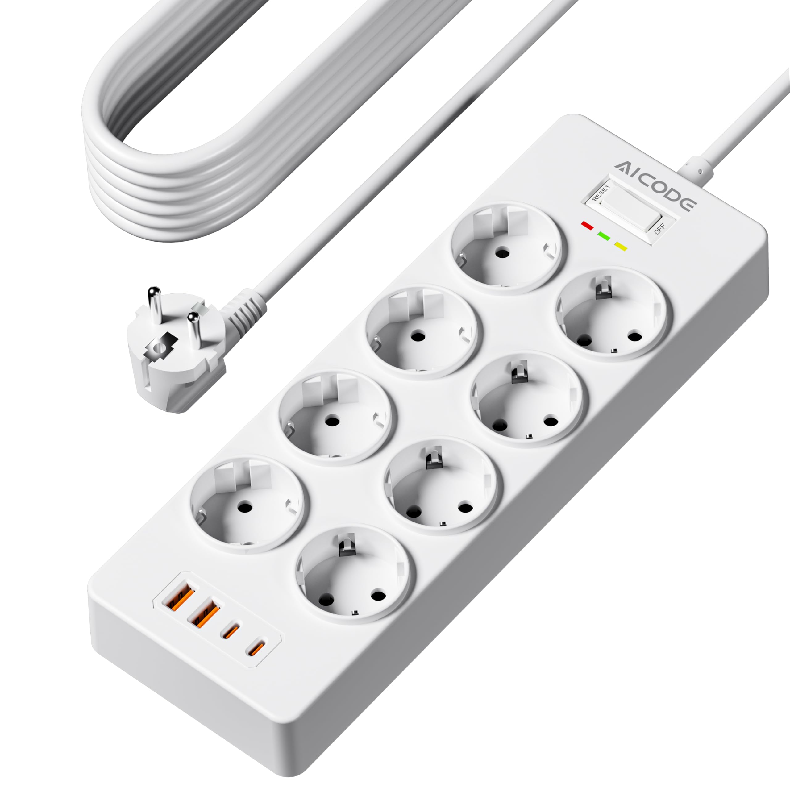 AICODE Çoklu priz, 8'li priz, USB C (4000 W ve 1050J), aşırı
