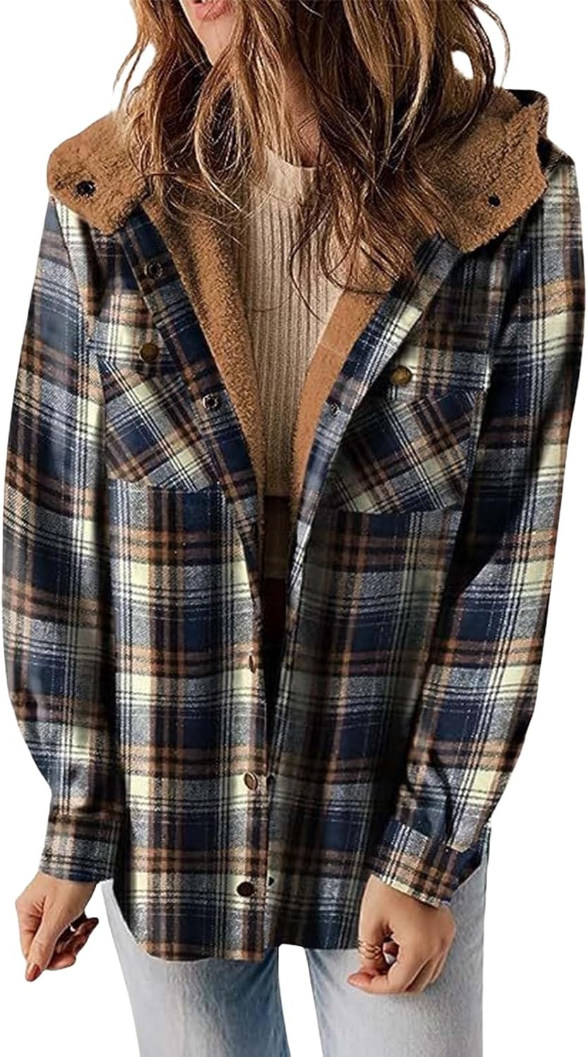 Womens Plaid Shacket Jacket Long Sleeve Button Down Fleece Hooded Jackets Sherpa Lined Flannel Hand Pockets Shirt