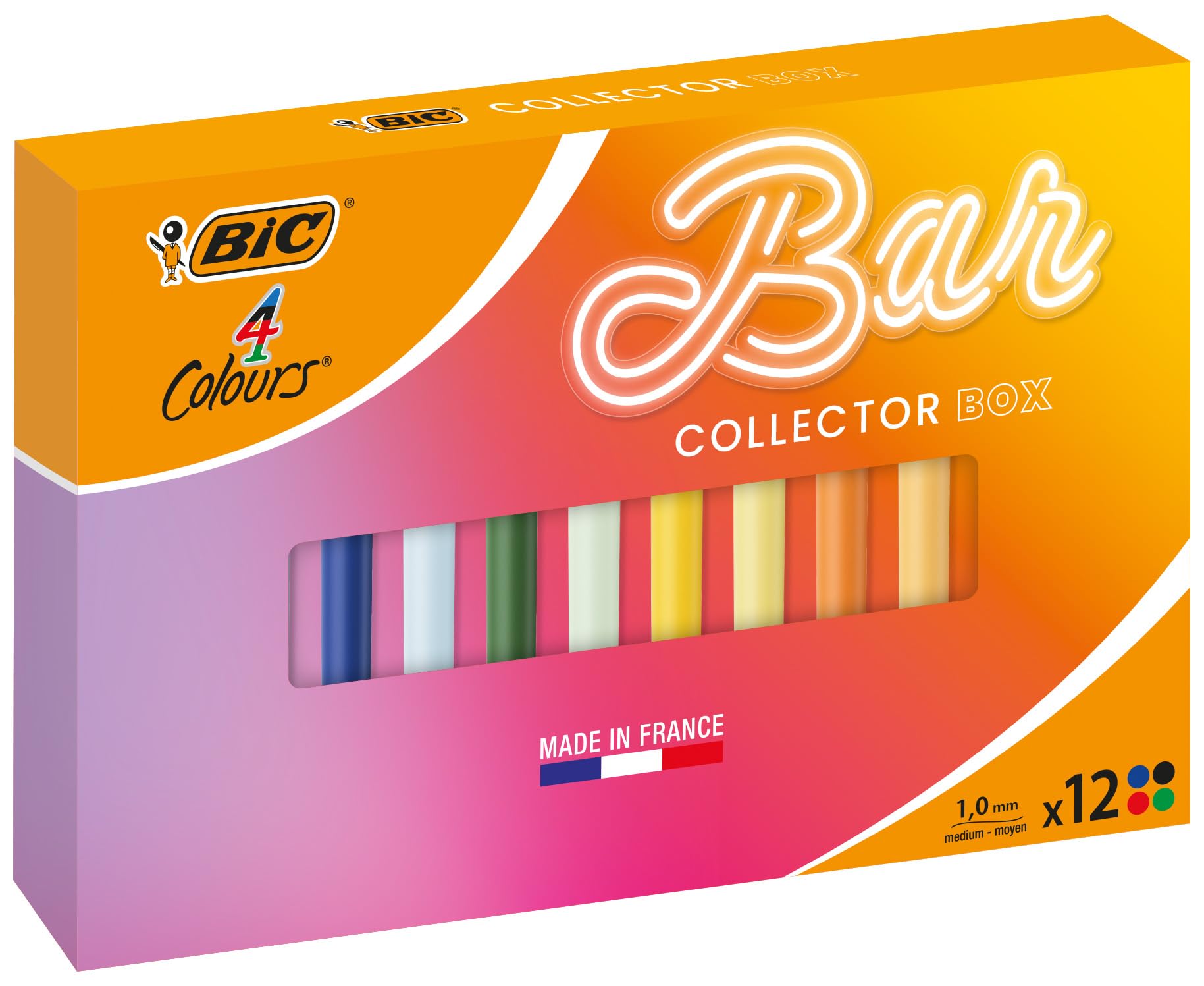BIC 4 Couleurs Le Bar à Couleurs Stylos-Bille Rétractables à Pointe Moyenne (1,0 mm) Corps Uni - Couleurs Assorties, Coffret de 12