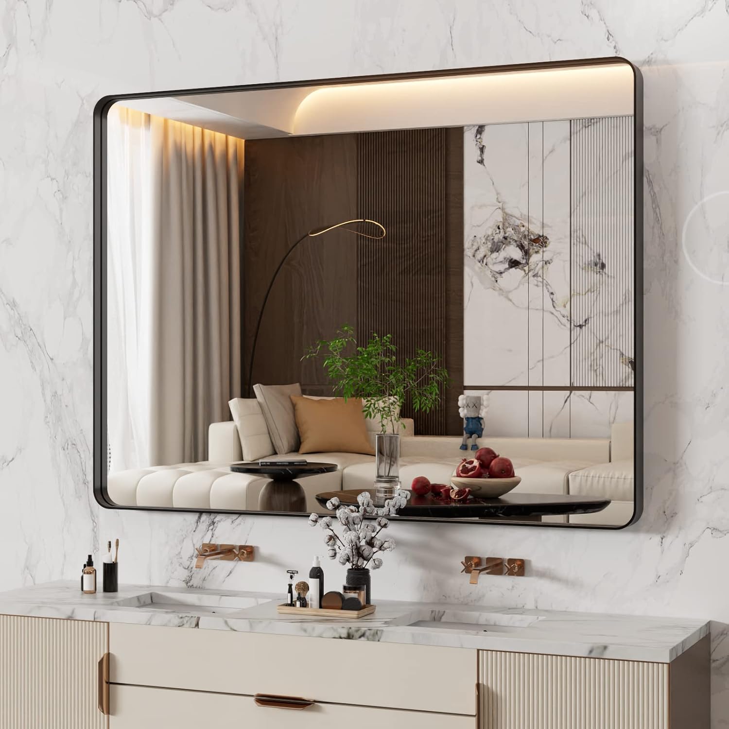 WEER Black Bathroom Mirror 48X36 Inch, Matte Black Bathroom Vanity Mirror Farmhouse, Large Rounded Rectangle Black Metal Framed, Anti-Rust, Tempered Glass, Hangs Horizontally or Vertically Black 48"L x 36"W