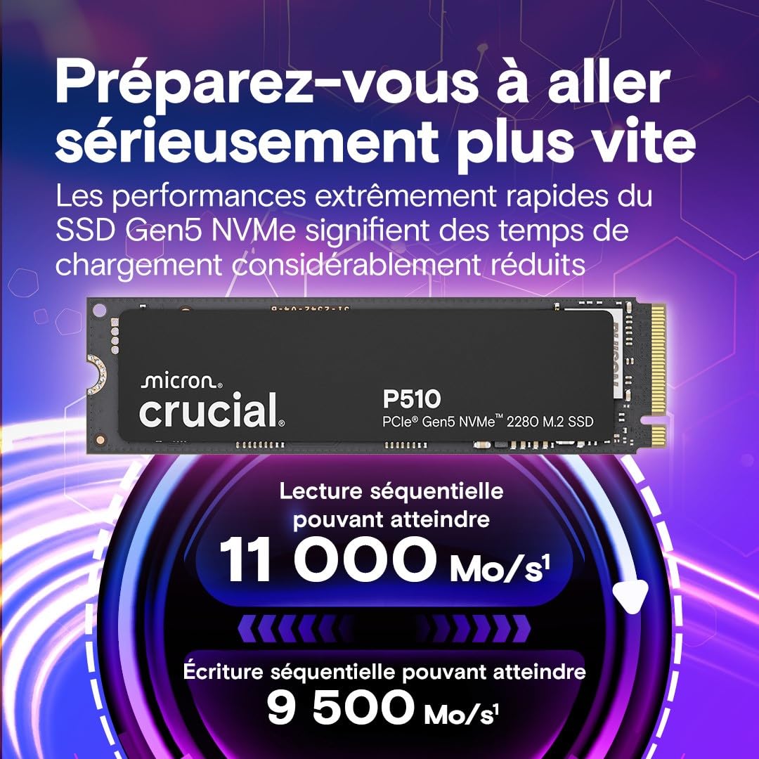 Crucial P510 SSD 1To PCIe 5.0 x4 NVMe M.2, Lecture 11.000 Mo/s, Écriture 9.500 Mo/s, TLC NAND, Disque Dur Interne