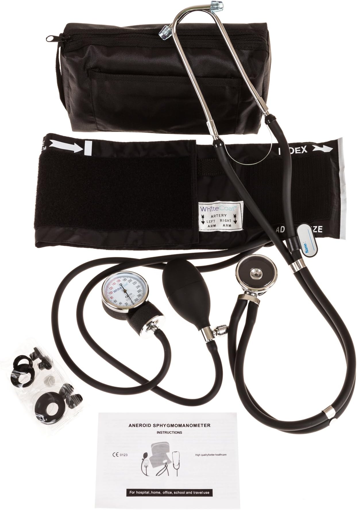 White Coat Deluxe Aneroid Sphygmomanometer Professional Blood Pressure Cuff Monitor with Adult Sized Black Cuff Plus Sprague Rappaport Stethoscope and Accessory Kit