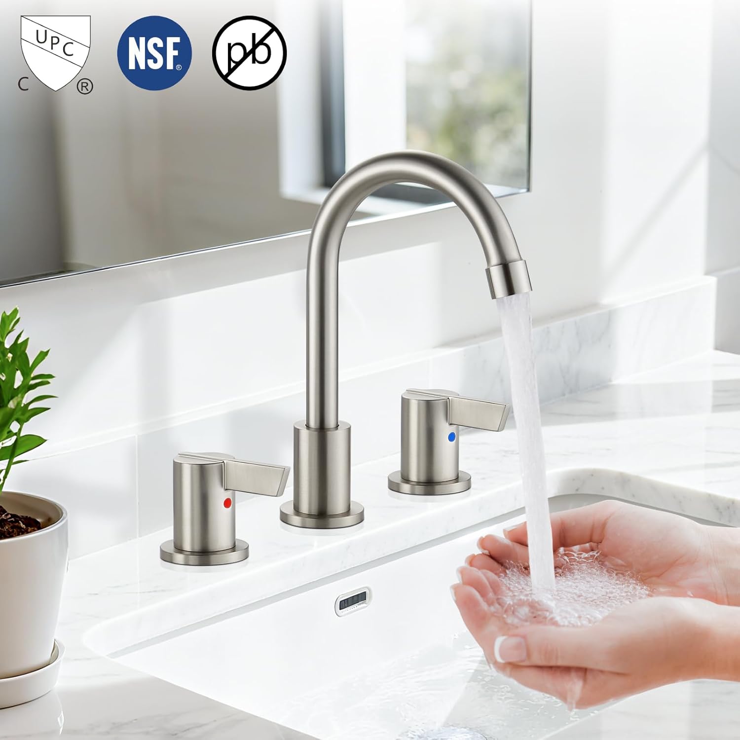 Bathroom Sink Faucet 3 Hole, 8 Inch Widespread Bathroom Sink Faucet with 2 Handles, Pop-up Drain & Hair Catcher Included for Vanity RV Farmhouse Sink, Brushed Nickel - Image 2