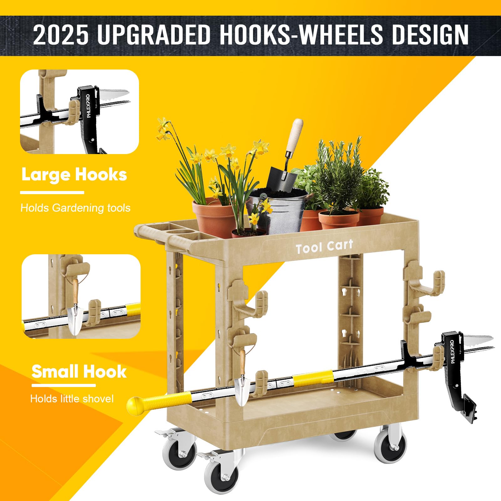 LDHTHOPI Servierwagen MAX 250kg,Werkstatt RollWagen 84.5x41.5x85cm mit 2 Lastaufnahmehaken,Schwerlast Kunststoff Vielzweckwagen 2 Lenkrollen mit Bremse,Holzfarbe,für Lager Garagen Büros Gärten Hotels