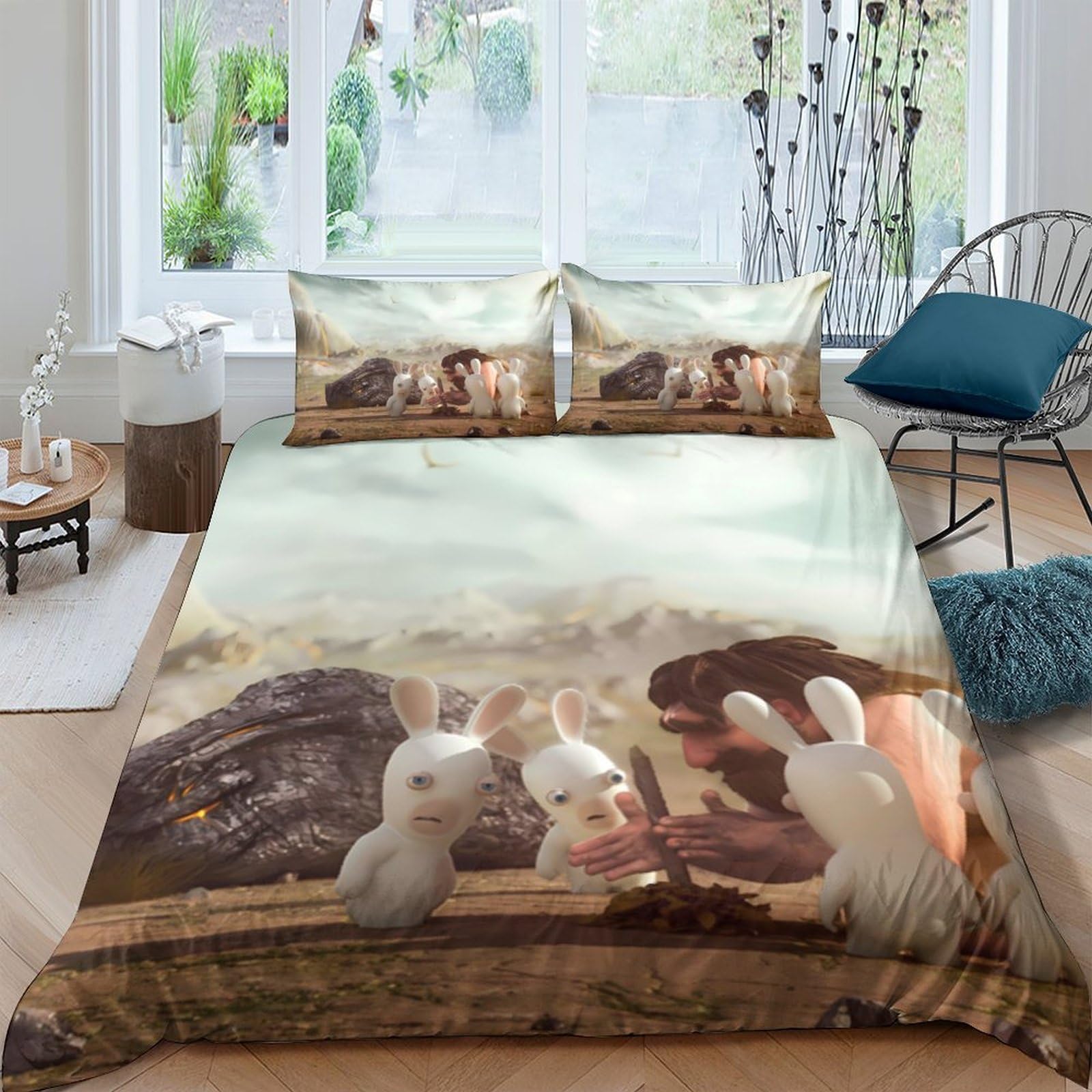 GPLZQXKJNH 3D Printed Rabbit Forest Duvet Cover Set Microfiber Soft Breathable Bunny Meadow Bedding with 2 Pillowcases for Bedroom Decor Single（135x200cm）