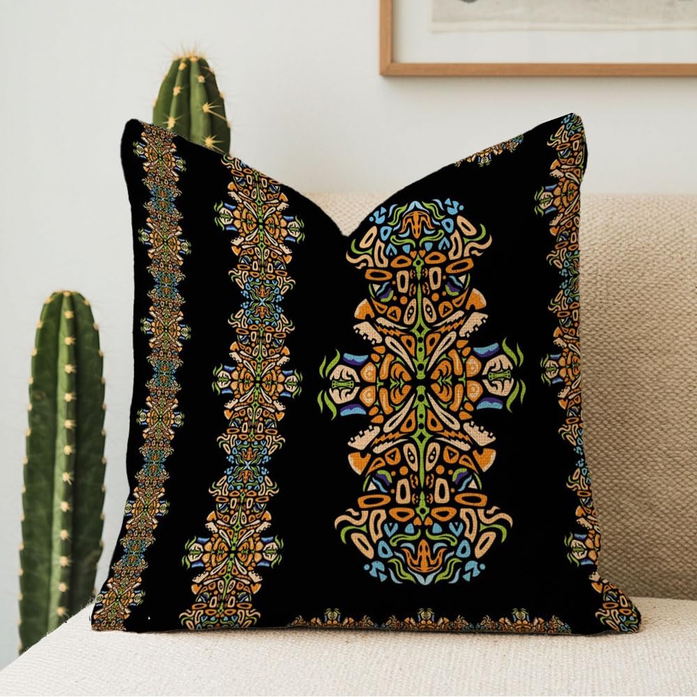 Linen Decorative Throw Pillow Covers 18x18 Inch Blue Liquid Tooth Jungle Abstract Mexican Plant Green Pattern Trippy Kaleidoscope Trance Visionary Pillow Cover Farmhouse Home Decor for Sofa Couch Bed