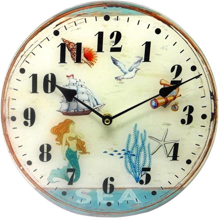 Coastal Mermaid Sea Life Glass Wall Clock