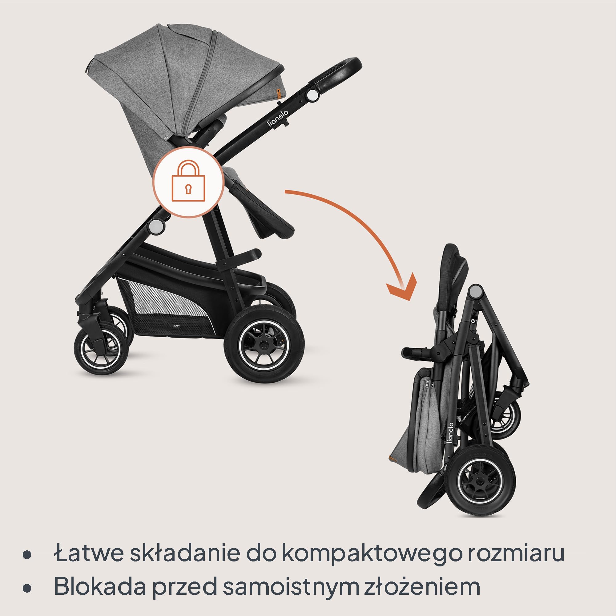 LIONELO BIANKA Wózek Spacerowy Dziecięcy 3 w 1 do 22 kg Gondola Fotelik Samochodowy do 13 kg, Składany, System Podróżny Regulacja Oparcia Koła 360o Amortyzacja, Daszek XXL (Szary) | Składany, system podróżny, regulacja oparcia, koła 360o amortyzator, osło