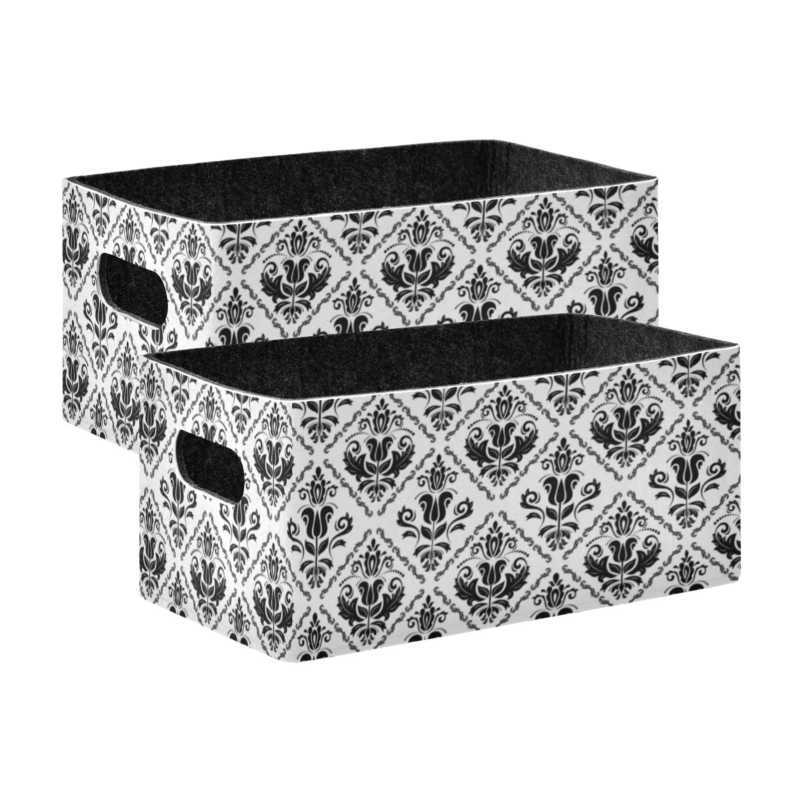 Black Floral Oriental Damask Arabesque Seamless Flowers Pattern 2 PCs Collapsible Felt Cloth Storage Box, Rectangular Desk Organizer Basket Bin, Detachable Laundry Hamper Counter Holder Box