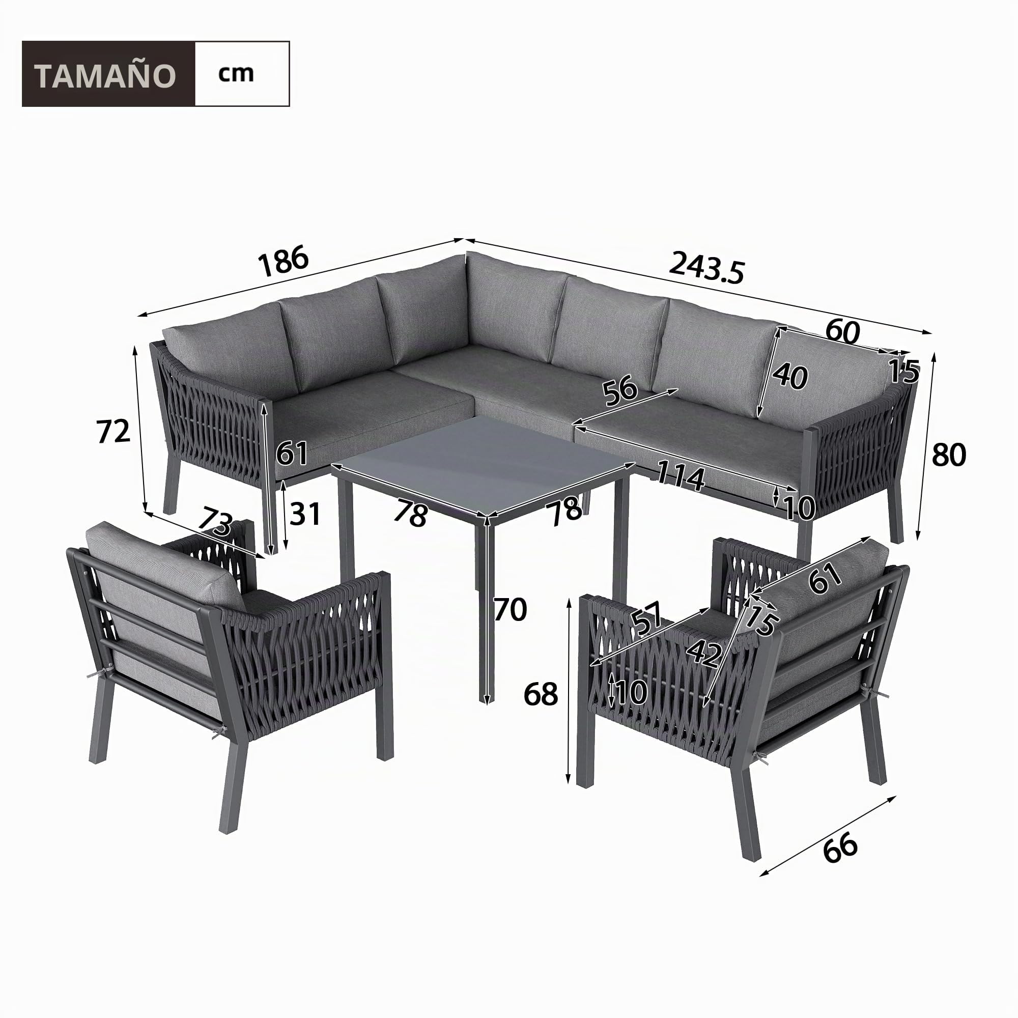 Juego de muebles de jardín, 8 personas, posición esquinera, hierro galvanizado, mesa de cristal, juego de cuerda tejida a mano, compuesto por una mesa de comedor, dos sillones y un sofá esquinero