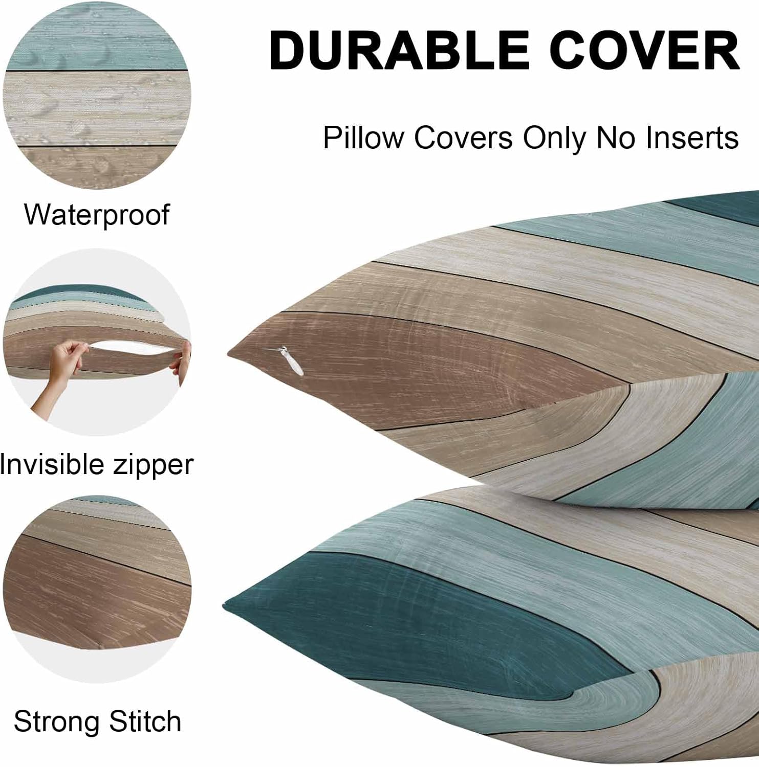 Vandarllin Outdoor Throw Pillow Covers 20X20 Set of 2 Waterproof Teal Blue Brown Decorative Zippered Cushion Covers for Patio Furniture, Farmhouse Retro Rustic Barn Wood Texture Lumbar Pillowcases
