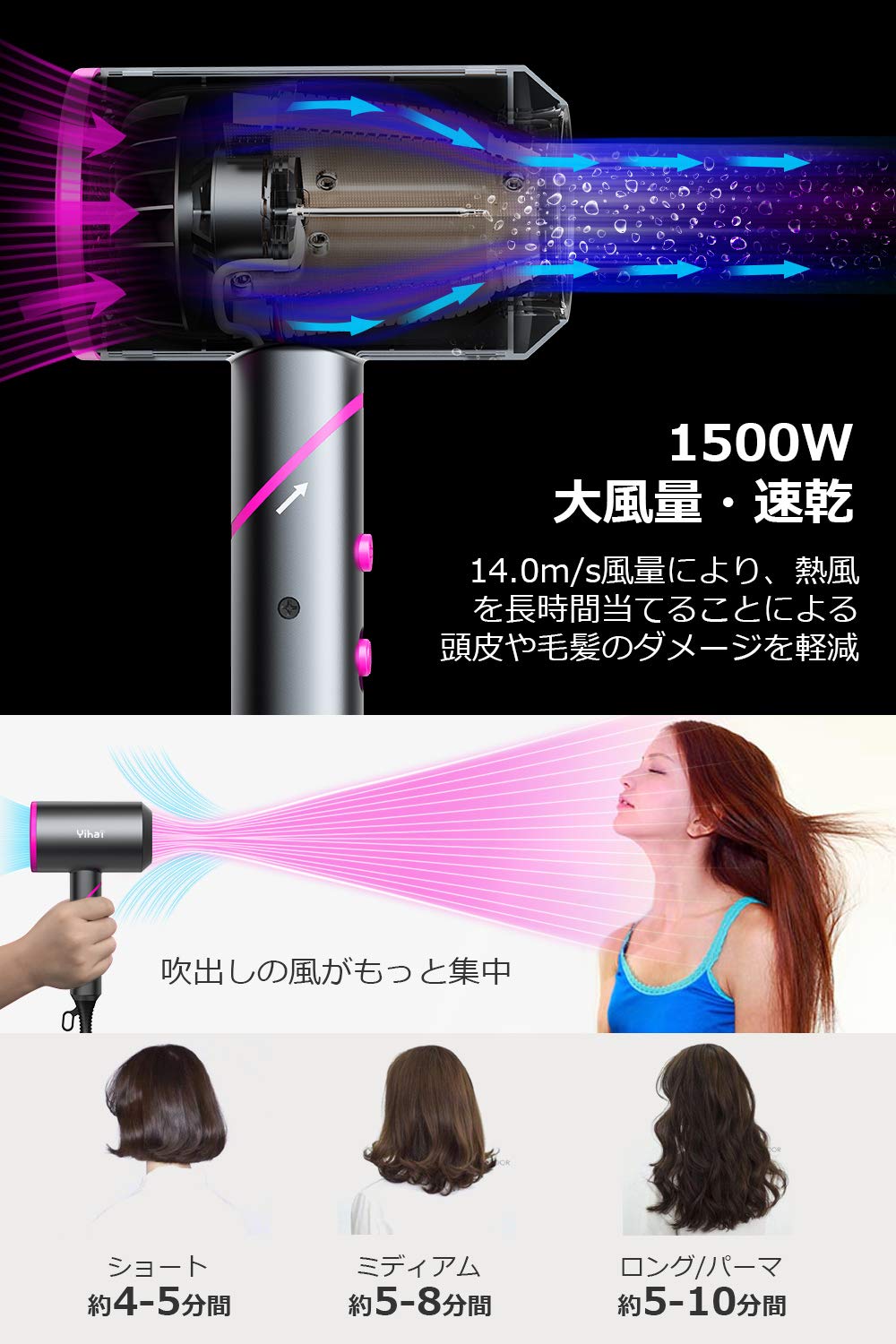 Amazon | 【高濃度マイナスイオン 1500W大風量】 ヘアドライヤー 