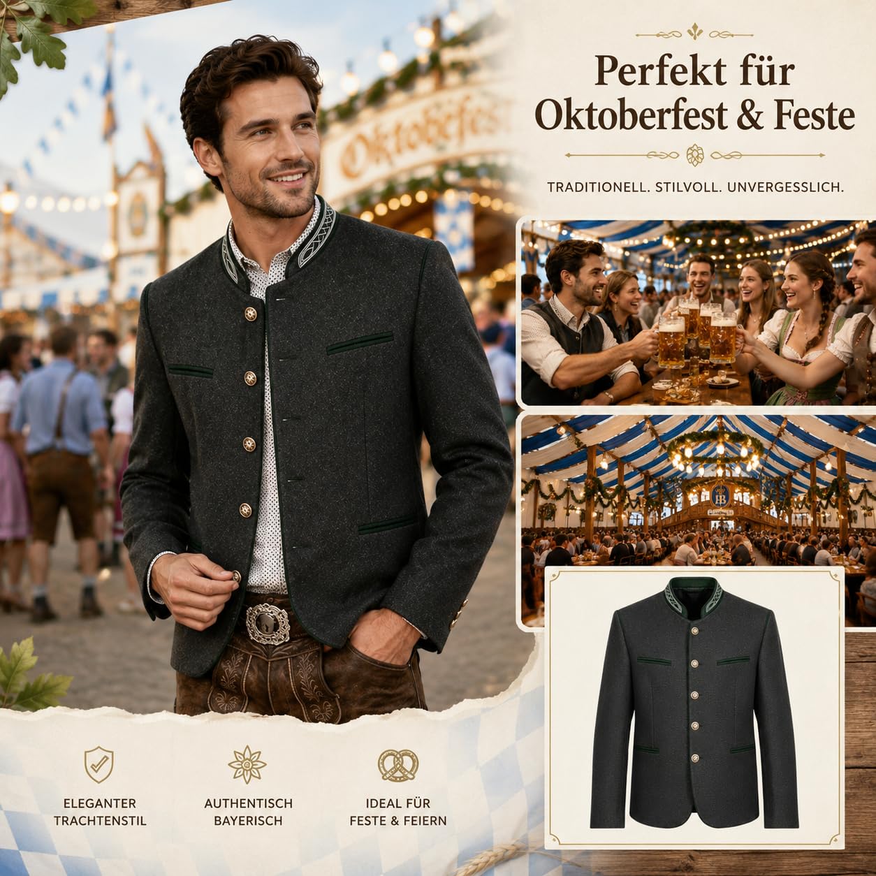 Trachtenjacke Herren Traditioneller Trachtenjanker mit Knopfleiste, Strickjacke Herren, Oktoberfest Outfit, Lederhosen Jacke, Trachtenweste, Trachtenmode für Männer, Schwarz, S-3XL