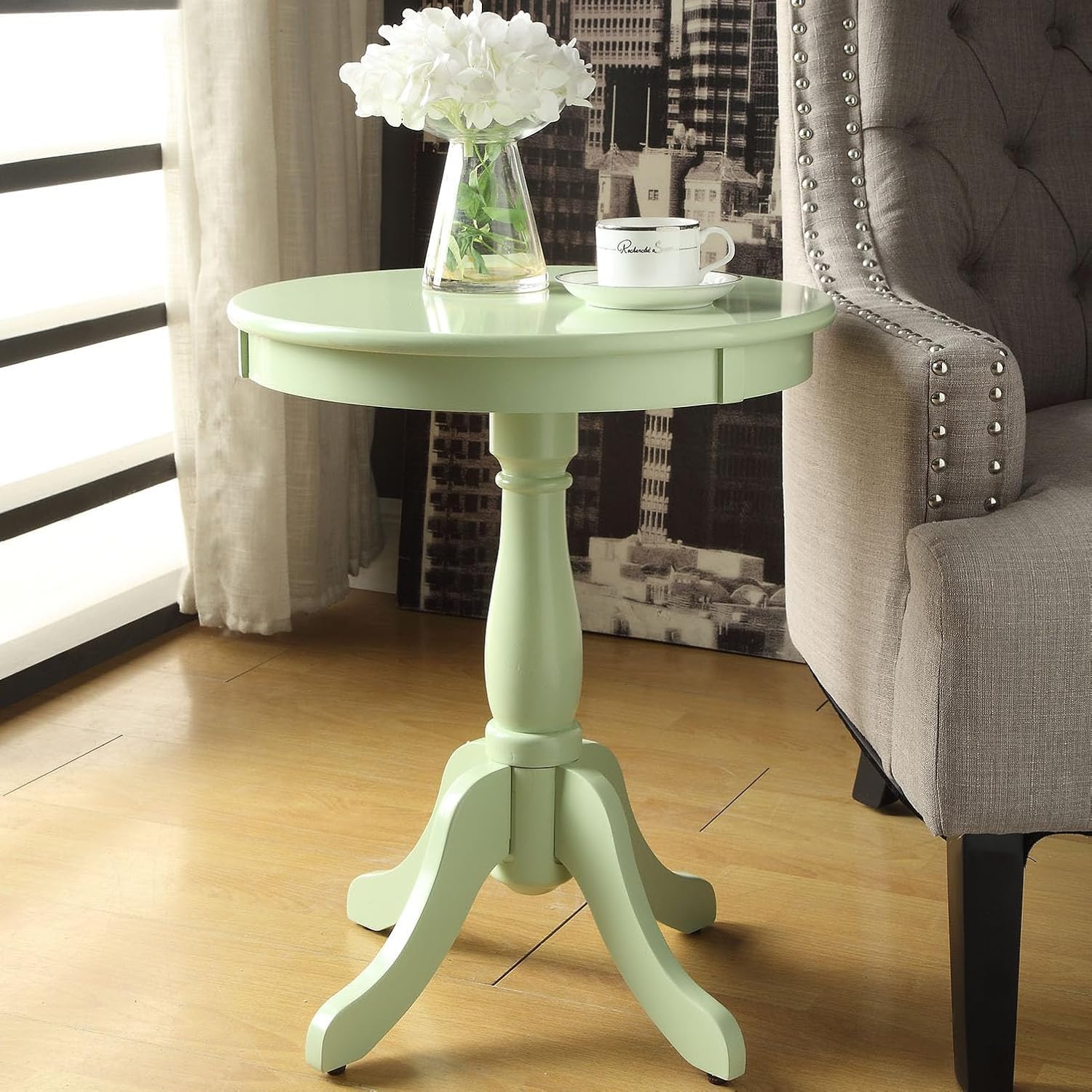 Light Green Side Table with Turned Pedestal