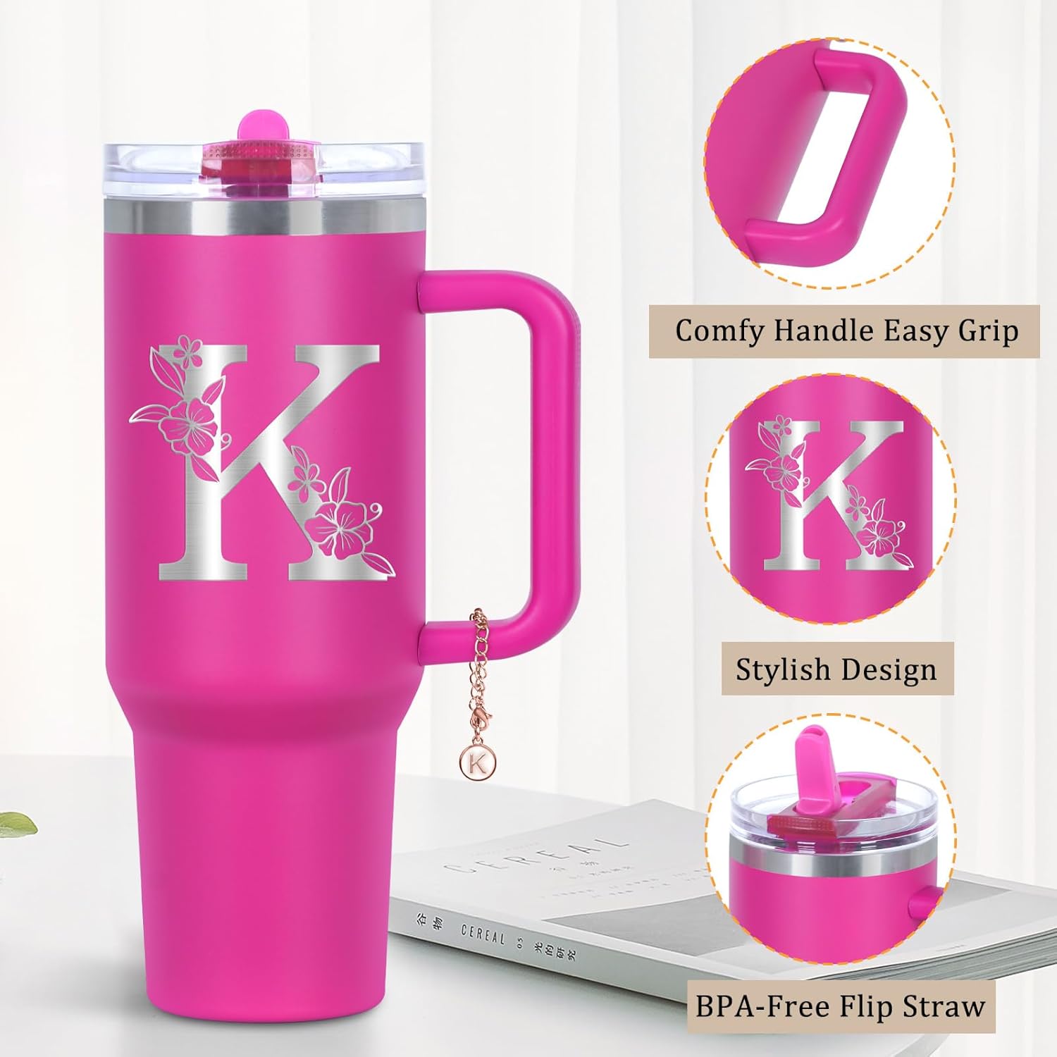 Personalized 40 oz Monogrammed Tumbler with Handle & Flip Straw, 100% Leak Proof stainless steel Insulated Tumbler, Customized Initial Funny Gifts for Women Mom Sisters Coworker, K - Image 3