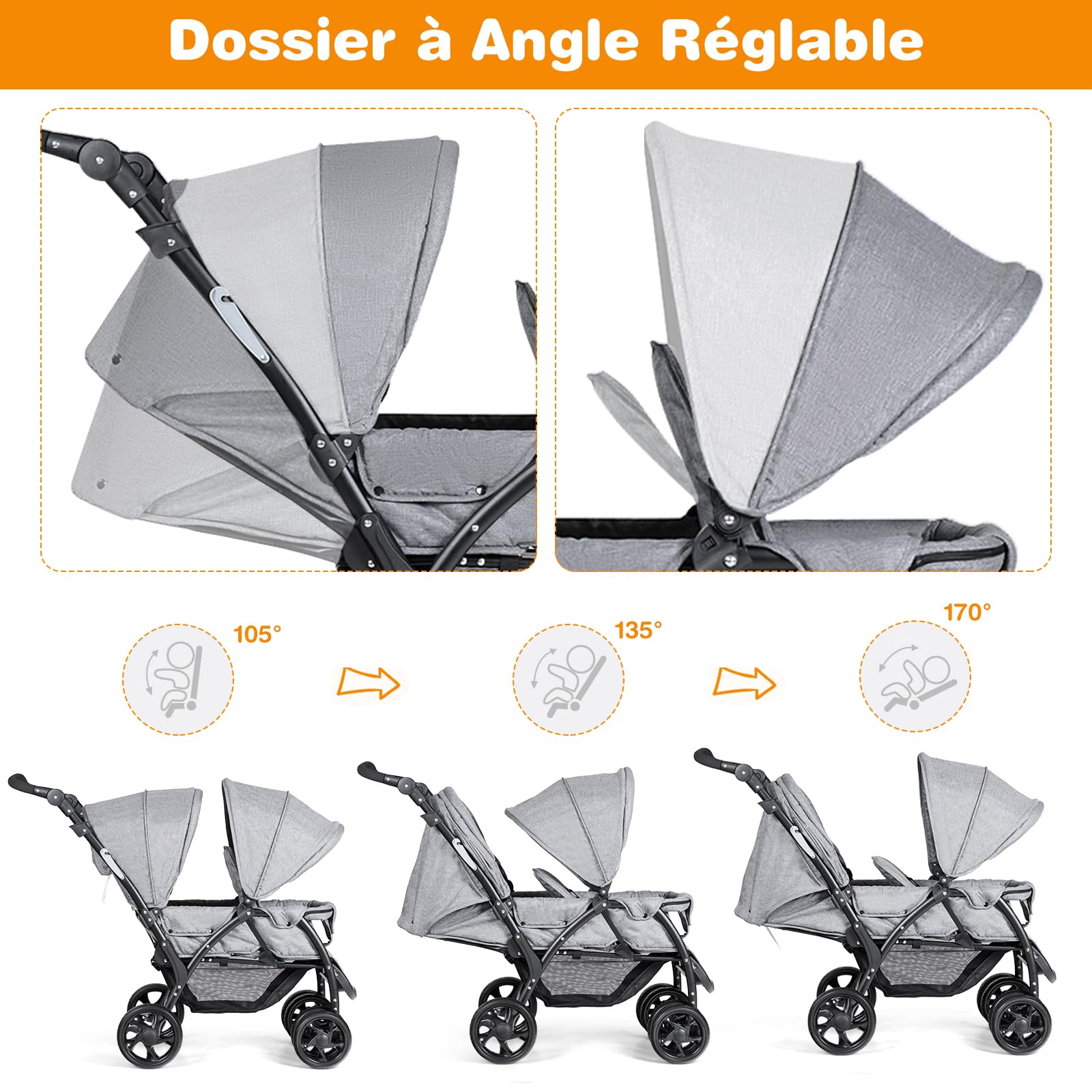 COSTWAY Poussette Canne Bébé 6 Mois+(Charge 30 kg) avec Dossier & Repose-pieds Réglables, Pousette Double Compact et Légère avec canopée, Pliable à une Main, Roues Antidérapants & Rotatives