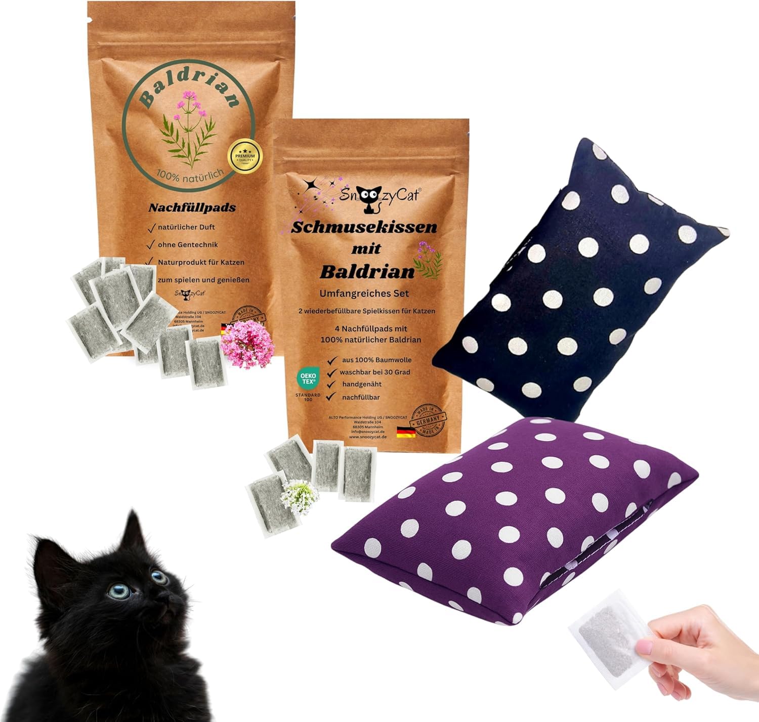 SNOOZYCAT 2 Cat Cushions + 14 Refill Pads Pure Valerian - Handmade Cat Toy, Oeko-Tex Cotton, Refillable & Natural