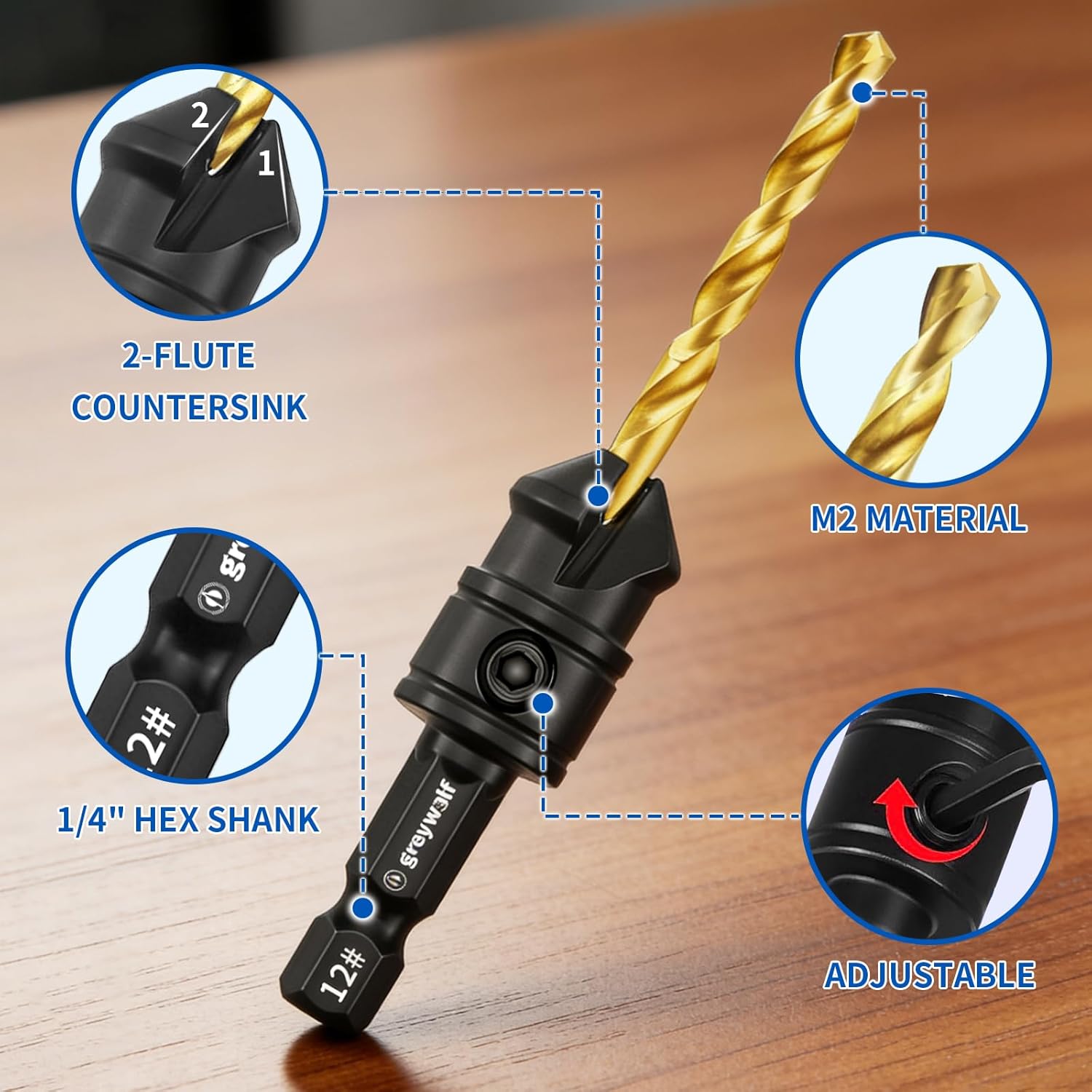 Gerywolf 16 pcs countersunk Drill bit Set, 3-in-1 Wood countersunk Drill bit Set, Suitable for 4, 6, 8, 10, 12 Screws, 82° Chamfer, 5 Spare M2 Drill bits, 1/4-inch hex Shank and 4 Screwdriver Tips
