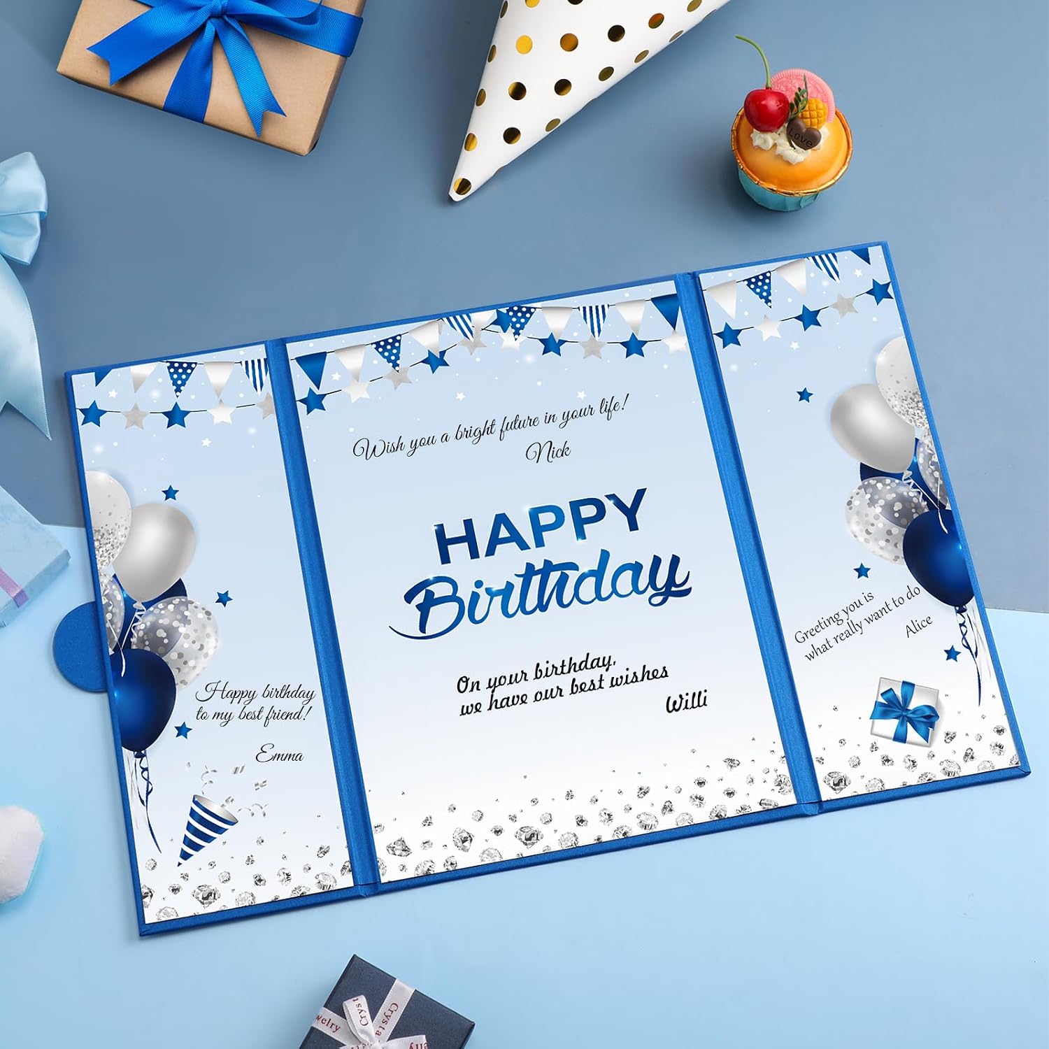Engrowtic Large Blue and Silver Birthday Guest Book Card Creative Happy Birthday Guest Book Alternative Signature Greeting Card Gifts for Boy Men Baby Shower Decoration Party Supply