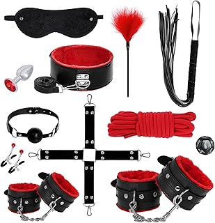 Rbenxia 12 PCS Sex Bondage BDSM Restraints Kits Fetish Handcuffs Ankle Cuff Collar Blindfold Whip Rope Nipple Clamps Sex Dice Anal Toys Ball Gag Adult Games Foreplay Sexy Toys for Couples